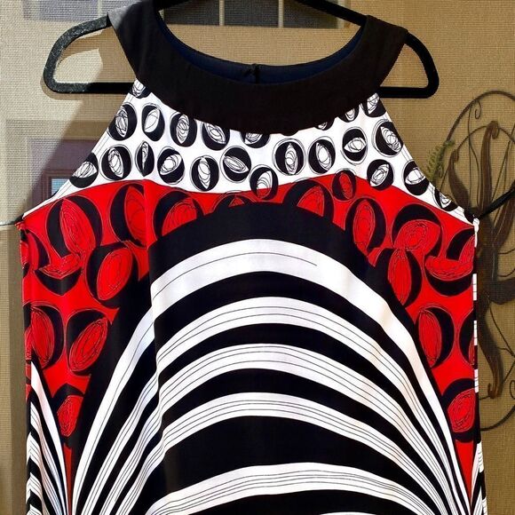 RED, BLACK & WHITE GEOMETRICAL SLEEVELESS SHEATH DRESS 14/16 NWOT - Picture 14 of 17